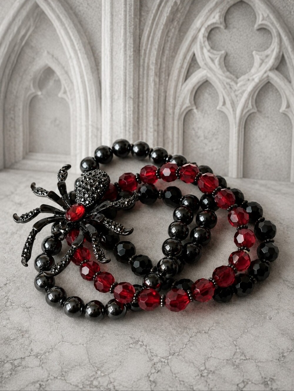Triple Strand Beaded Stretch Bracelet Red Black Hematite Beads Halloween Jewelry